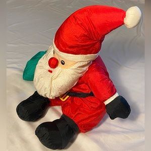 Vtg Nylon Puffalump Style Santa Christmas Stuffed toy w green bag.